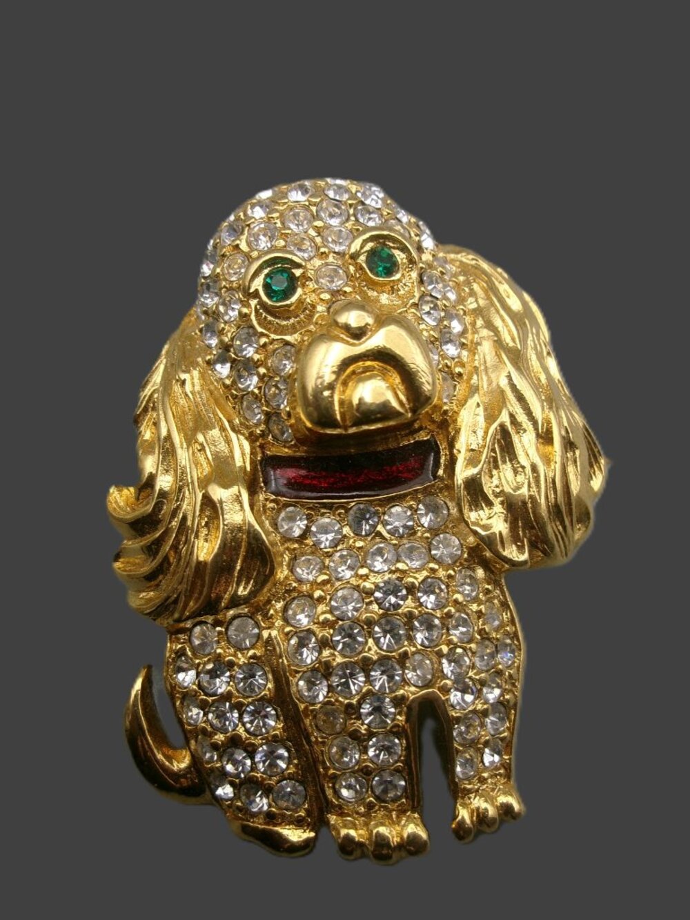 KJL Cocker Spaniel Puppy Dog Brooch, Pave Crystals Gold Vtg Kenneth Jay Lane